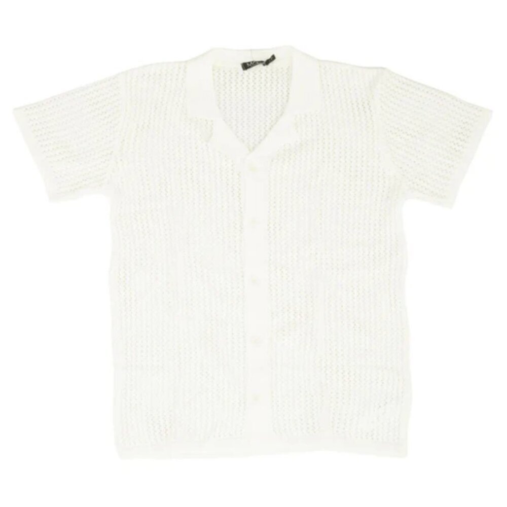 boohoo S/S Boxy Open Stitch Varsity Knit Shirt, Ivory, Medium